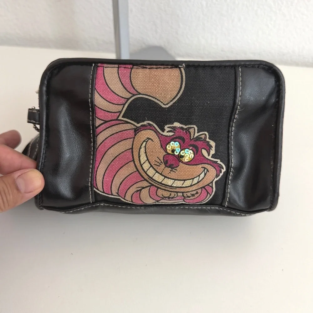 Disney Cheshire Cat Alice in Wonderland Makeup Bag Black Faux Leather